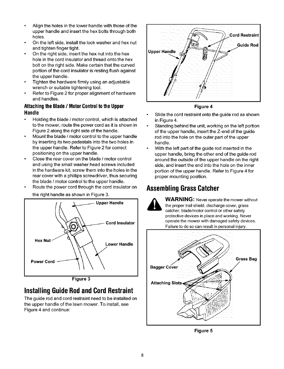 Installing guide rod and cord restraint, Assembling grass catcher | Ryobi 136 User Manual | Page 8 / 20