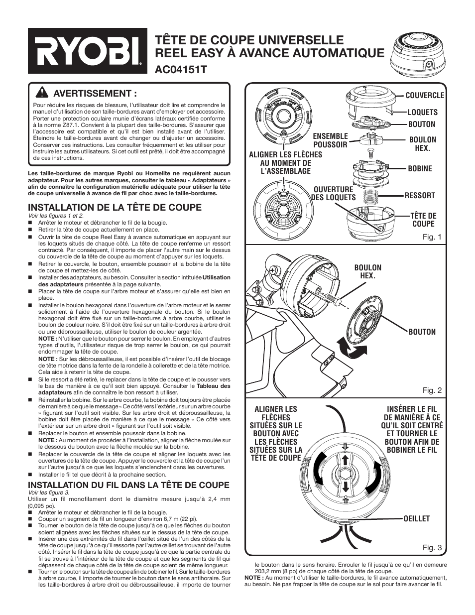 Avertissement, Installation de la tête de coupe, Installation du fil dans la tête de coupe | Ryobi AC04151T User Manual | Page 3 / 6