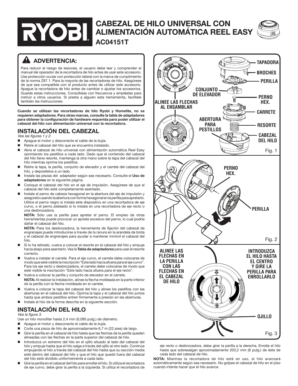 Advertencia, Instalación del cabezal, Instalación del hilo | Ryobi AC04151T User Manual | Page 5 / 6