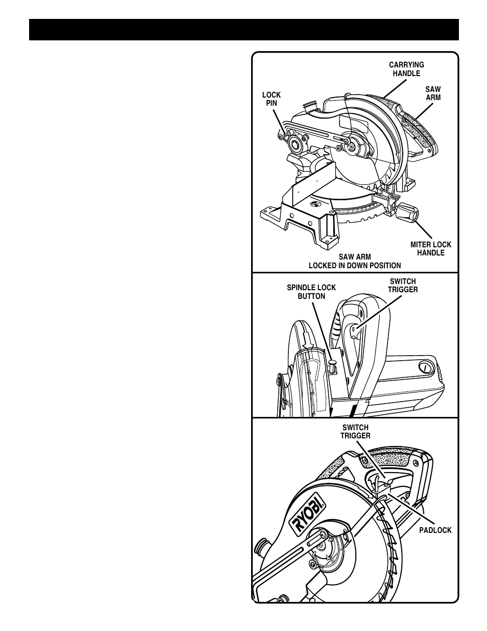 Features, Miter lock handle, Spindle lock button | Trigger lock, Positive stops on miter table, Electric brake, Fence, Self-retracting lower blade guard | Ryobi TS1301 User Manual | Page 10 / 24