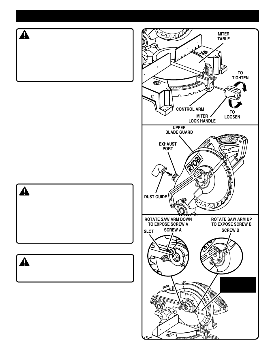 Assembly, Warning, Miter lock handle | Dust guide, Page 12 fig. 7 fig. 9, Dust guide upper blade guard exhaust port, Slot screw a screw b, Fig. 8 | Ryobi TS1301 User Manual | Page 12 / 24