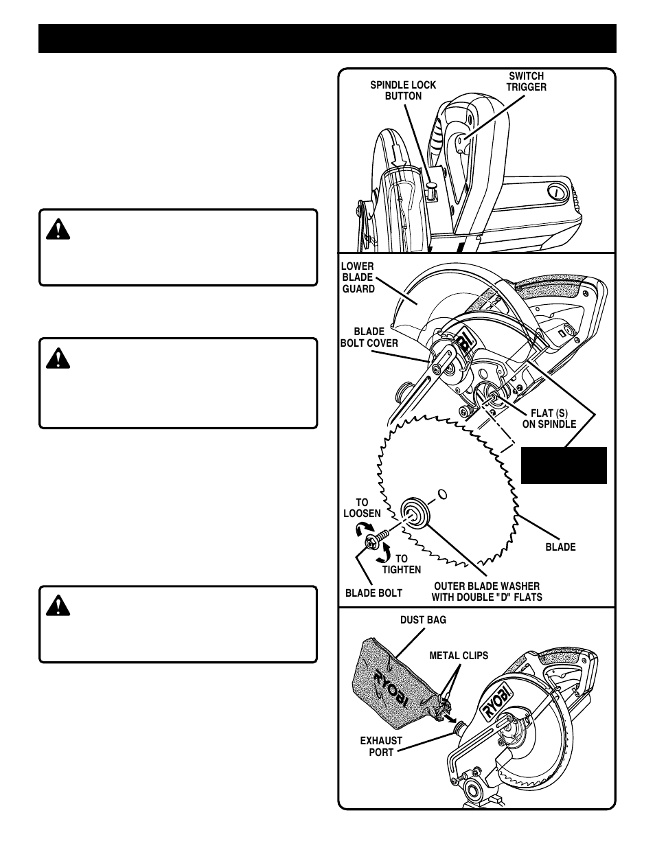 Assembly, Warning, Caution | Dust bag | Ryobi TS1301 User Manual | Page 13 / 24
