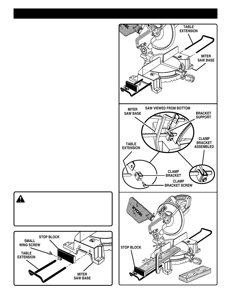 Assembly, Warning, Table extensions | Stop block | Ryobi TS1301 User Manual | Page 14 / 24