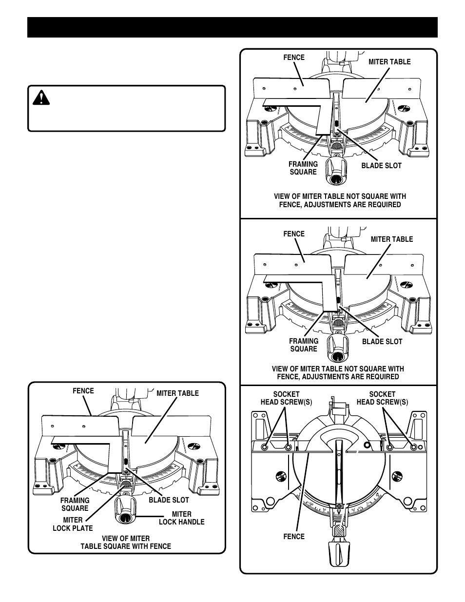 Adjustments, Warning, Squaring the miter table to the fence | Page 16, See figures 17 - 20. ■ unplug your saw | Ryobi TS1301 User Manual | Page 16 / 24