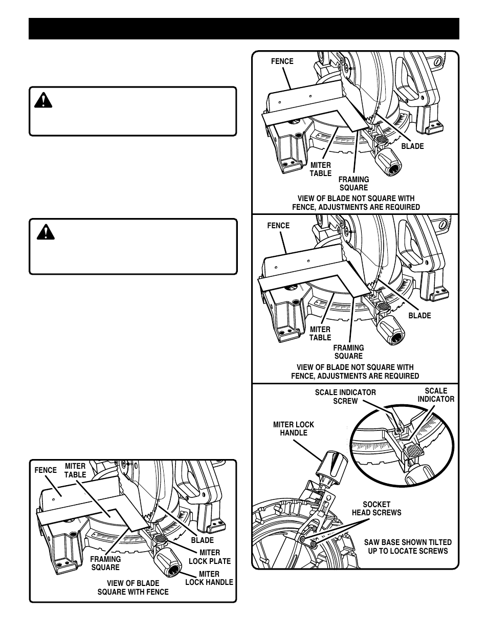Adjustments, Warning, Caution | Ryobi TS1301 User Manual | Page 17 / 24