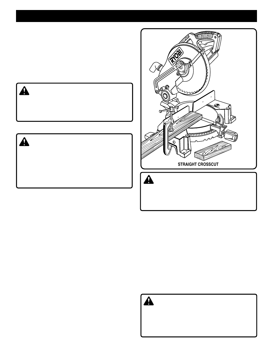 Operation, Warning, Cutting with your miter saw | Crosscutting, Applications | Ryobi TS1301 User Manual | Page 18 / 24