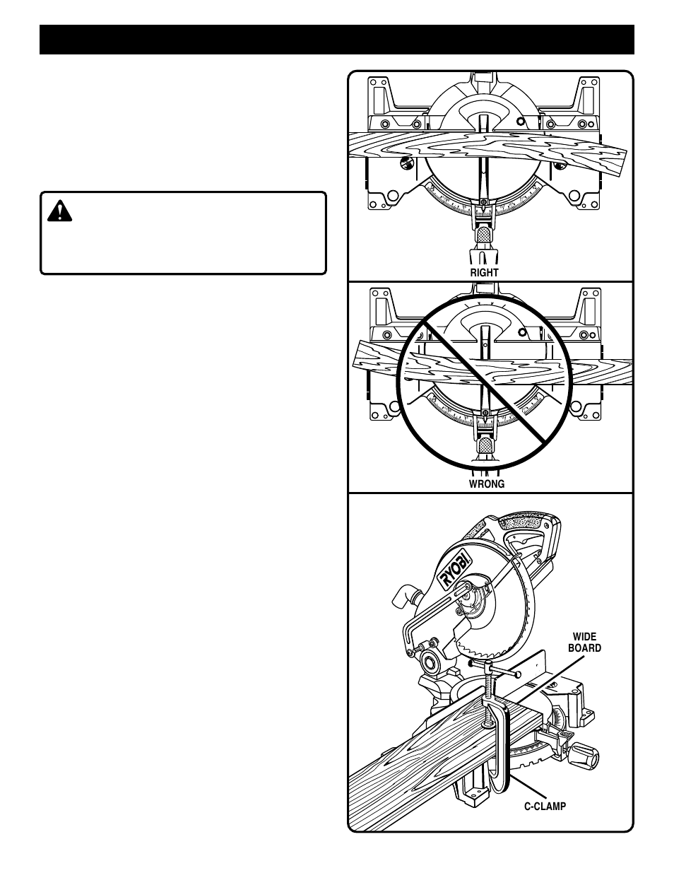 Operation, Warning, Cutting warped material | Clamping wide workpieces, Page 20 | Ryobi TS1301 User Manual | Page 20 / 24