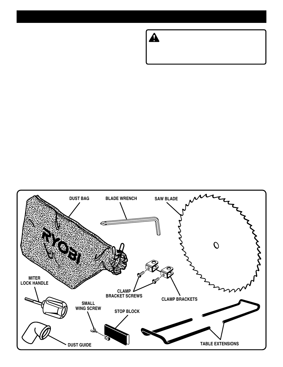 Unpacking and checking contents, Warning | Ryobi TS1301 User Manual | Page 8 / 24