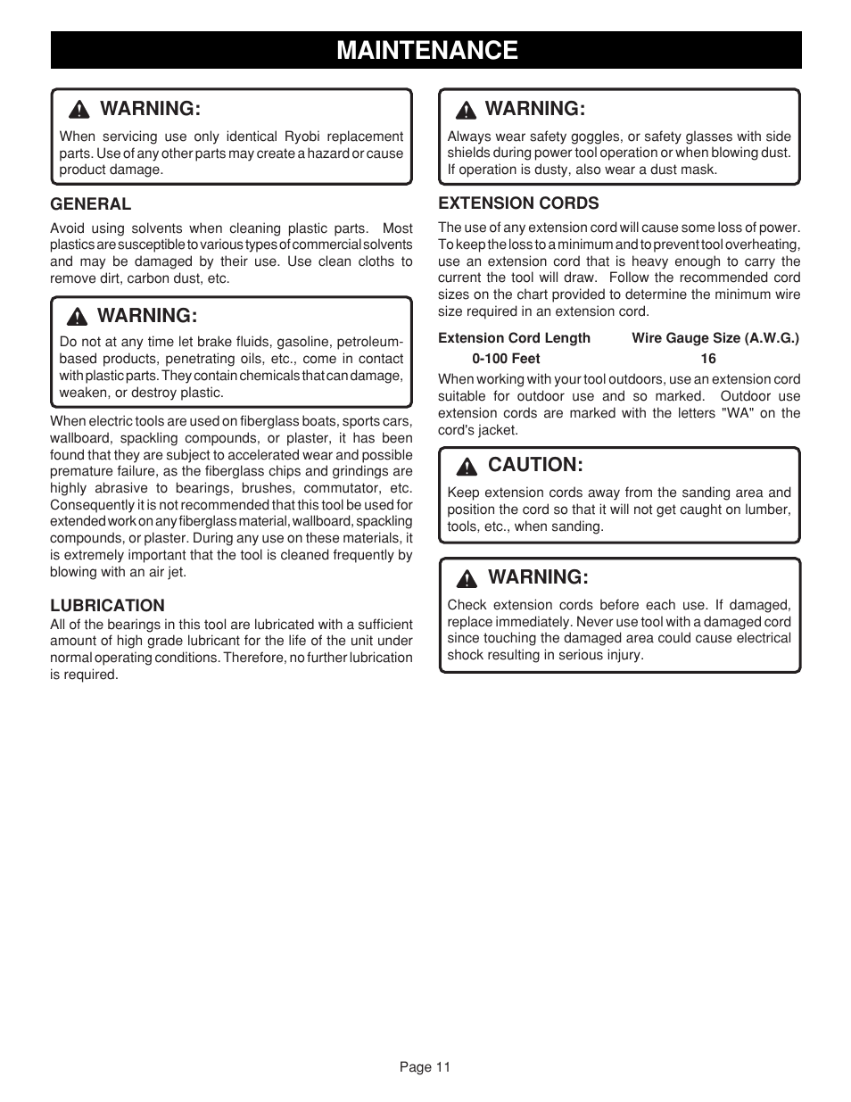 Maintenance, Warning, Caution | Ryobi S650D User Manual | Page 11 / 12