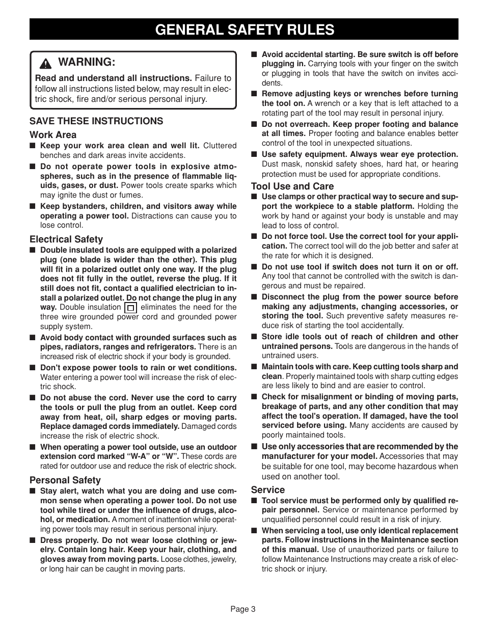 General safety rules, Warning | Ryobi S650D User Manual | Page 3 / 12