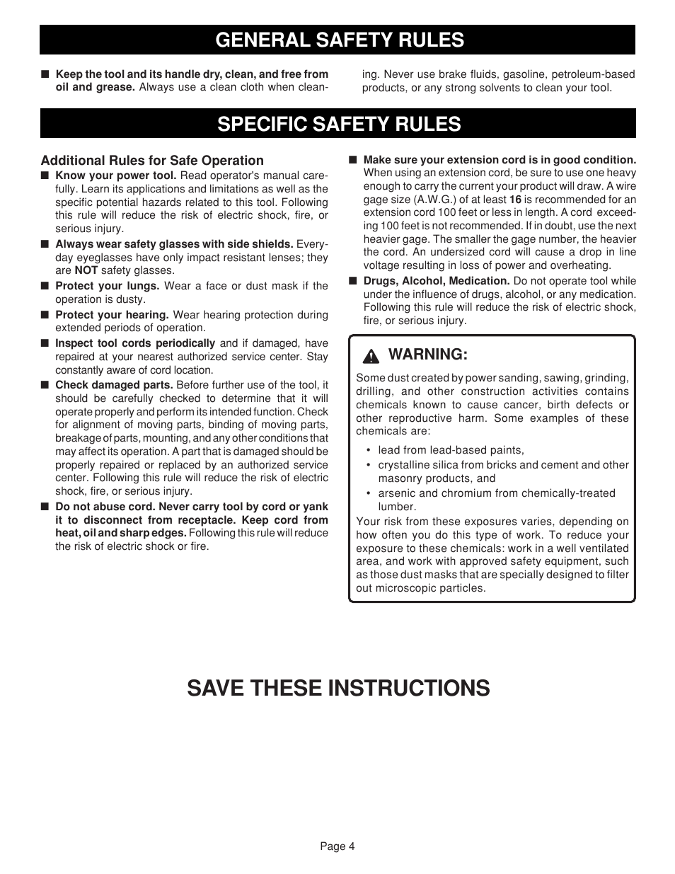 Save these instructions, General safety rules, Specific safety rules | Warning | Ryobi S650D User Manual | Page 4 / 12