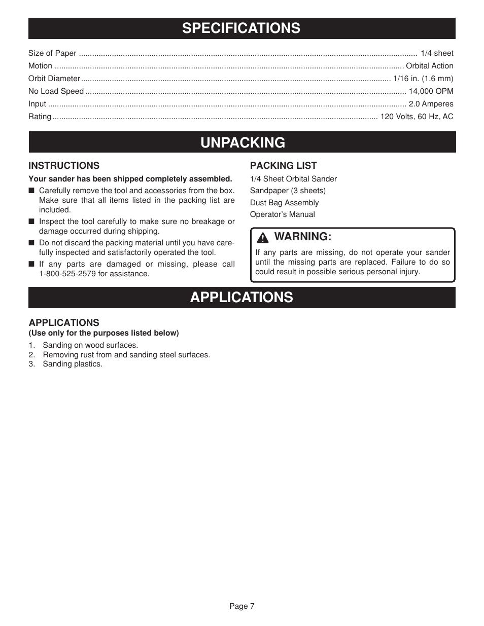 Specifications unpacking, Applications, Warning | Ryobi S650D User Manual | Page 7 / 12