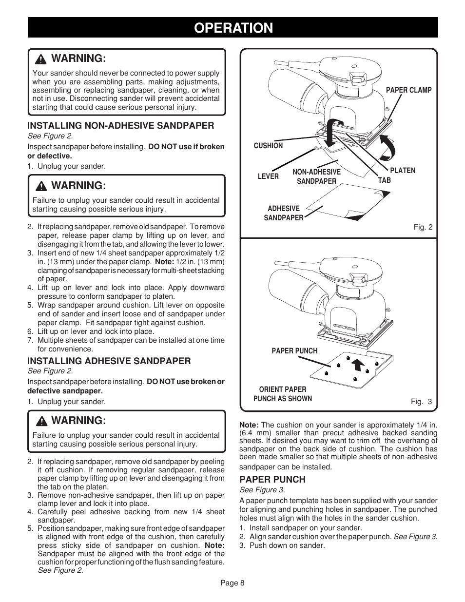 Operation, Warning | Ryobi S650D User Manual | Page 8 / 12