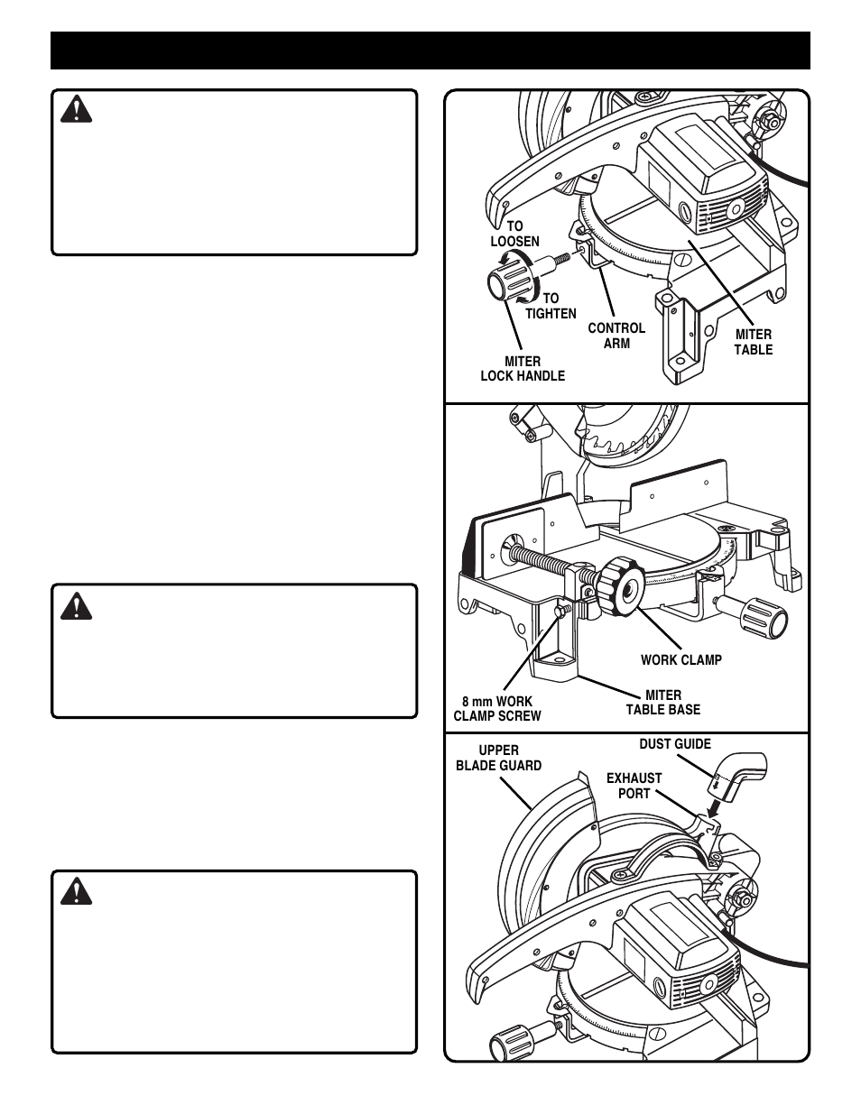 Assembly, Warning, Miter lock handle | Work clamp (optional), Dust guide | Ryobi TS1300 User Manual | Page 12 / 28