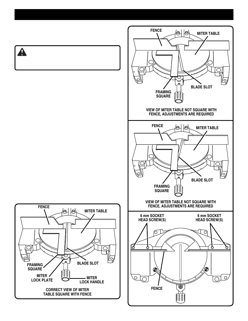 Adjustments, Warning, Squaring the miter table to the fence | Ryobi TS1300 User Manual | Page 15 / 28