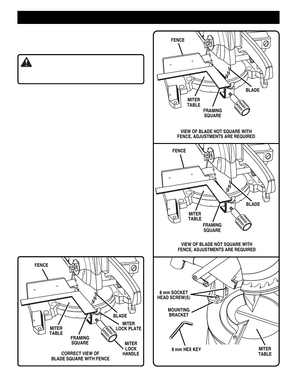Adjustments, Warning, Squaring the saw blade to the fence | Ryobi TS1300 User Manual | Page 16 / 28
