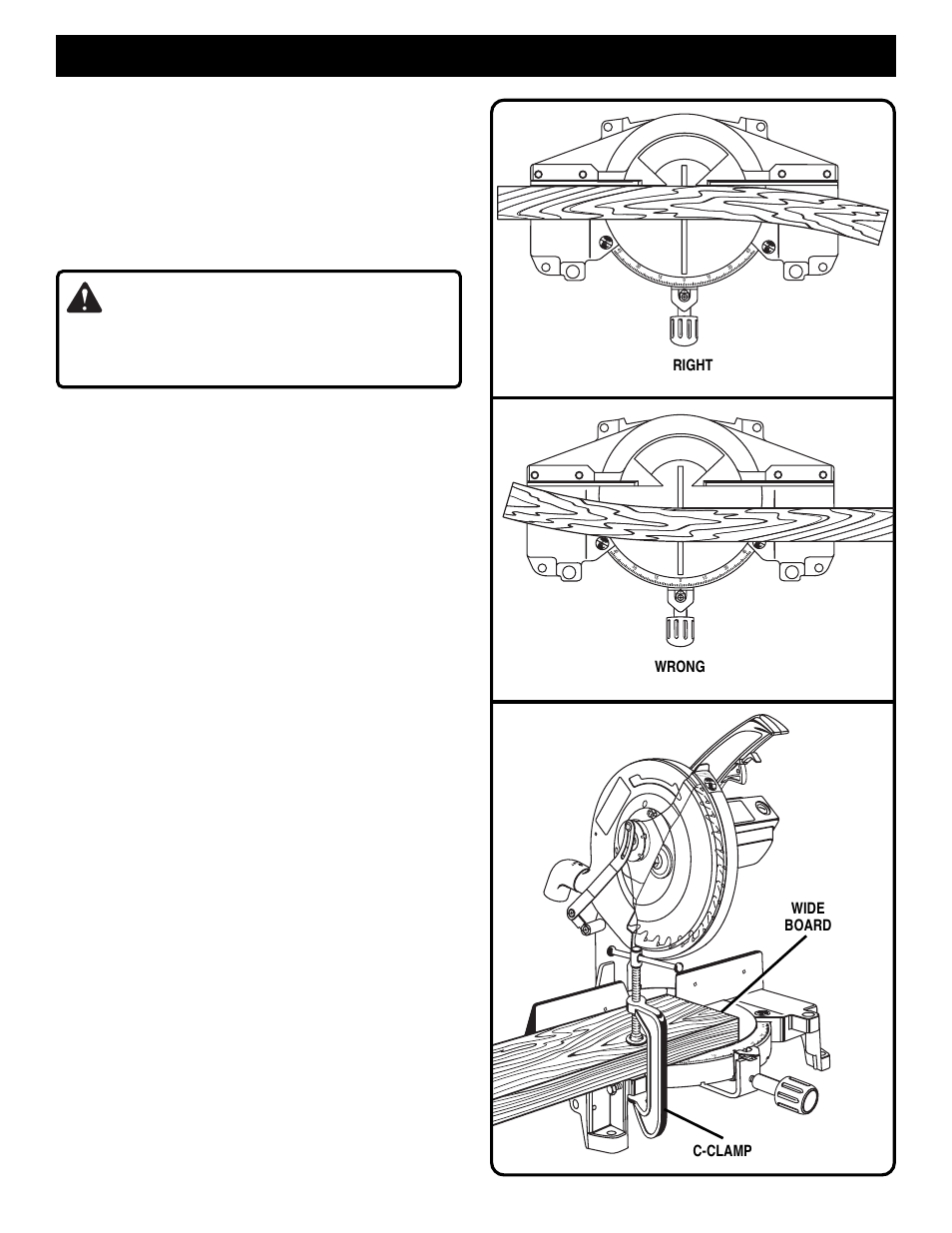 Operation, Warning, Cutting warped material | Clamping wide workpieces, Page 20, Right, Wrong wide board c-clamp | Ryobi TS1300 User Manual | Page 20 / 28