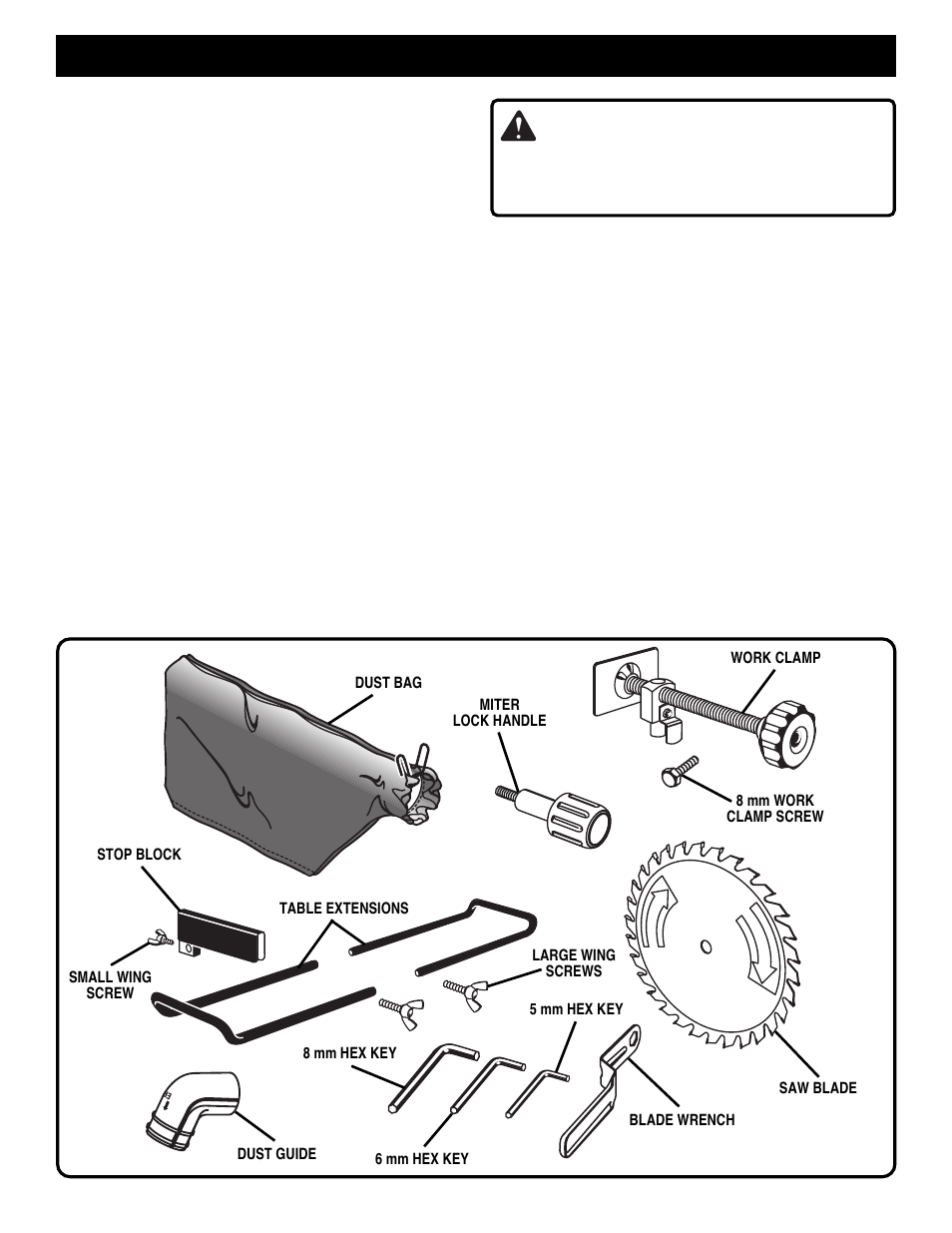 Unpacking and checking contents, Warning, Loose parts list | Ryobi TS1300 User Manual | Page 8 / 28