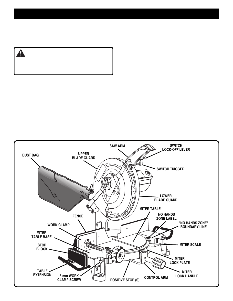 Features, Warning, Know your miter saw | 14 amp motor, Cutting capacities, Carrying handle | Ryobi TS1300 User Manual | Page 9 / 28