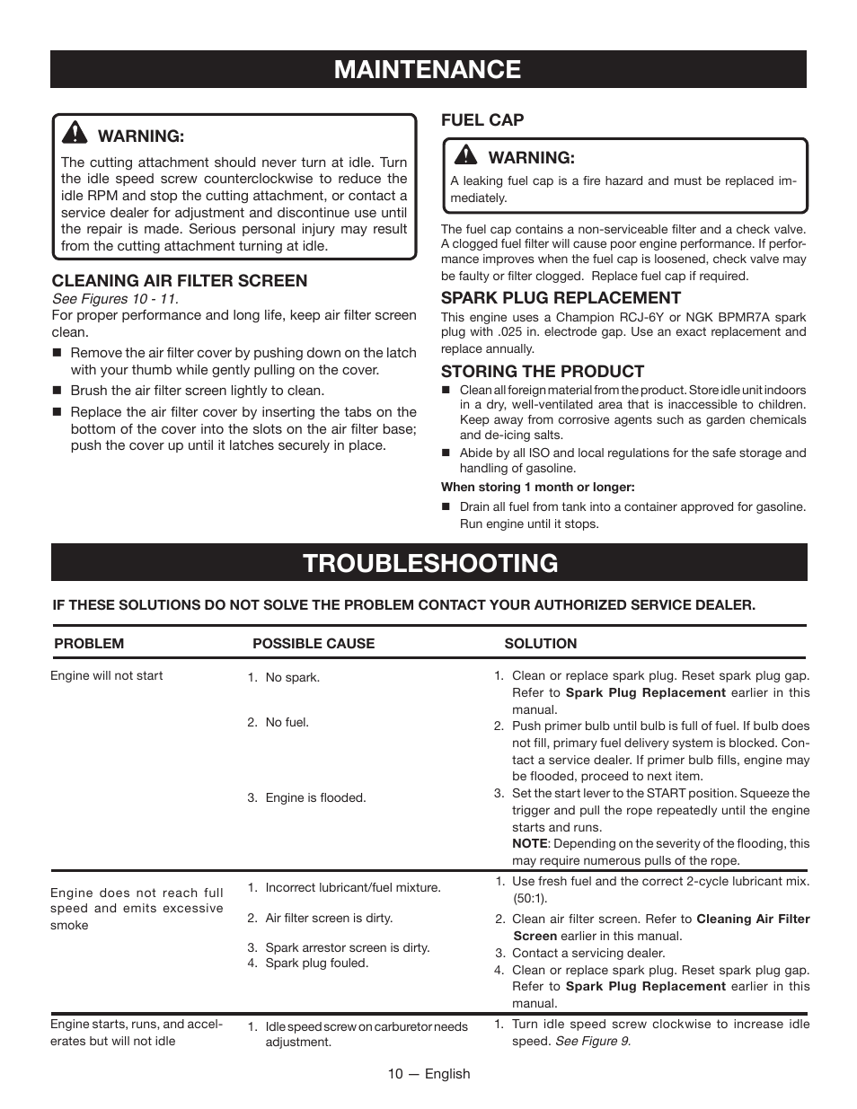 Maintenance, Troubleshooting | Ryobi RY26000 User Manual | Page 12 / 42