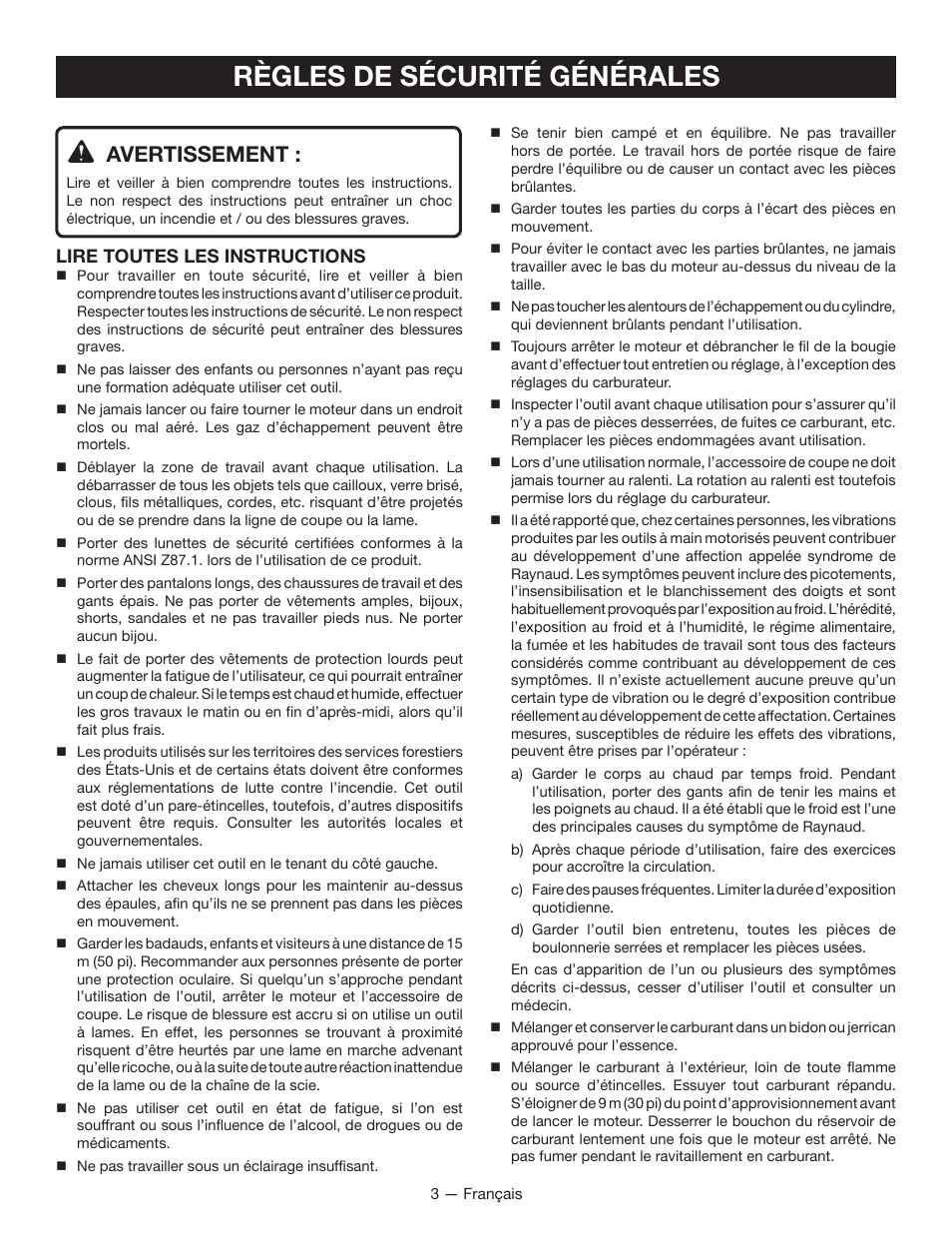 Règles de sécurité générales, Avertissement, Lire toutes les instructions | Ryobi RY26000 User Manual | Page 16 / 42