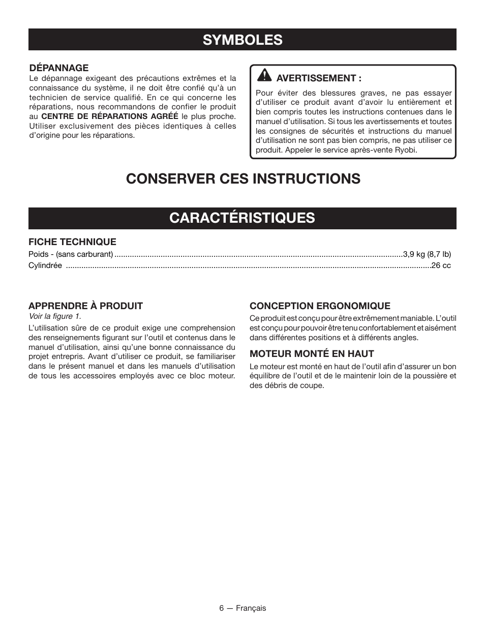 Caractéristiques symboles, Conserver ces instructions | Ryobi RY26000 User Manual | Page 19 / 42