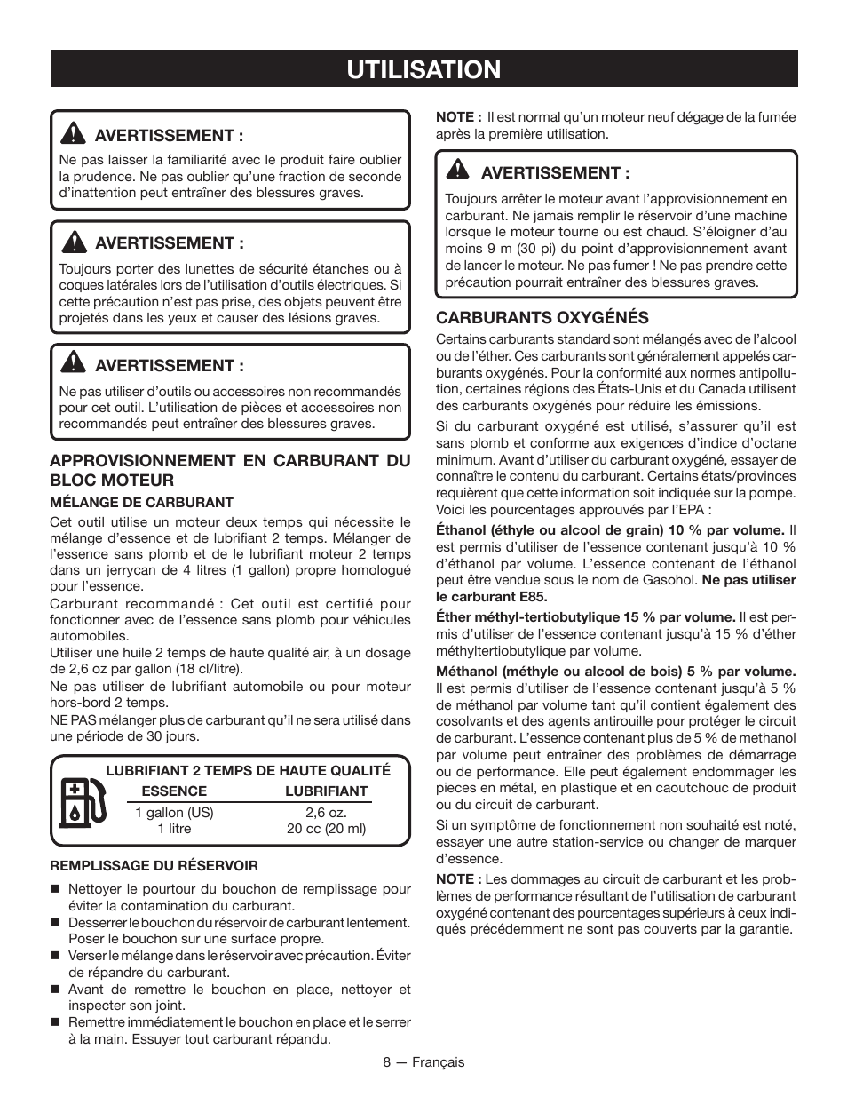 Utilisation | Ryobi RY26000 User Manual | Page 21 / 42