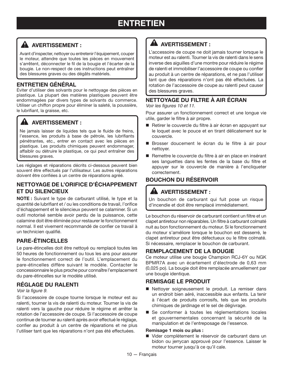 Entretien | Ryobi RY26000 User Manual | Page 23 / 42