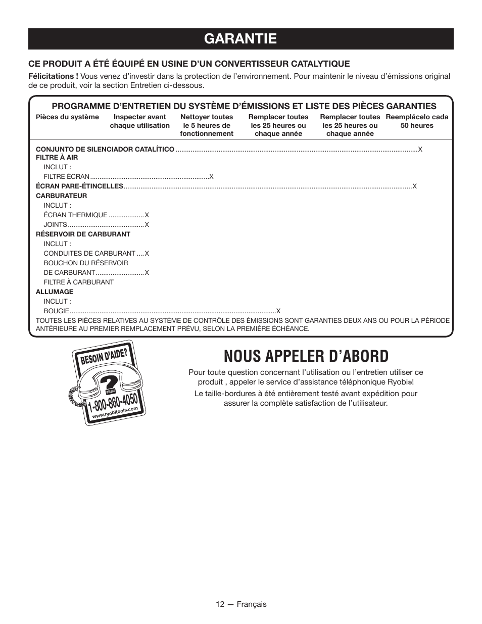 Nous appeler d’abord, Garantie, Besoin d’aid e | Ryobi RY26000 User Manual | Page 25 / 42