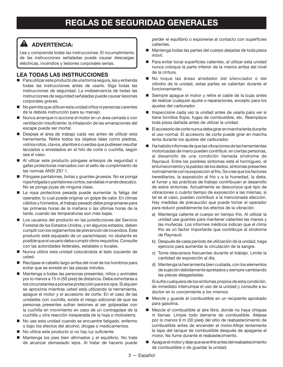 Reglas de seguridad generales, Advertencia, Lea todas las instrucciones | Ryobi RY26000 User Manual | Page 28 / 42