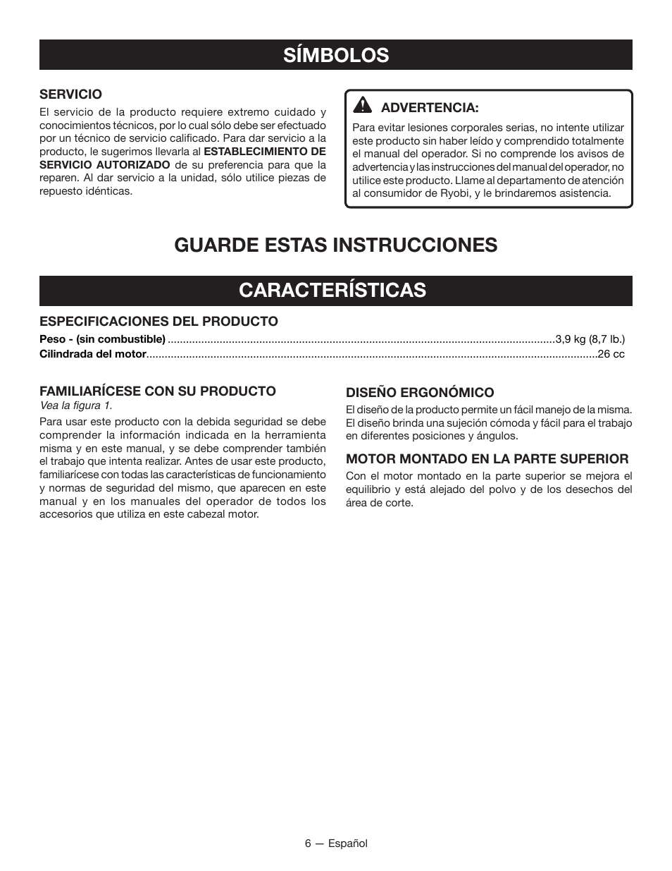 Símbolos, Guarde estas instrucciones características | Ryobi RY26000 User Manual | Page 31 / 42