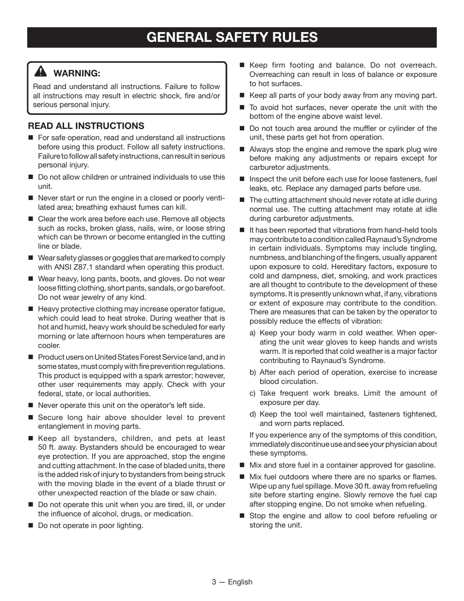 General safety rules | Ryobi RY26000 User Manual | Page 5 / 42