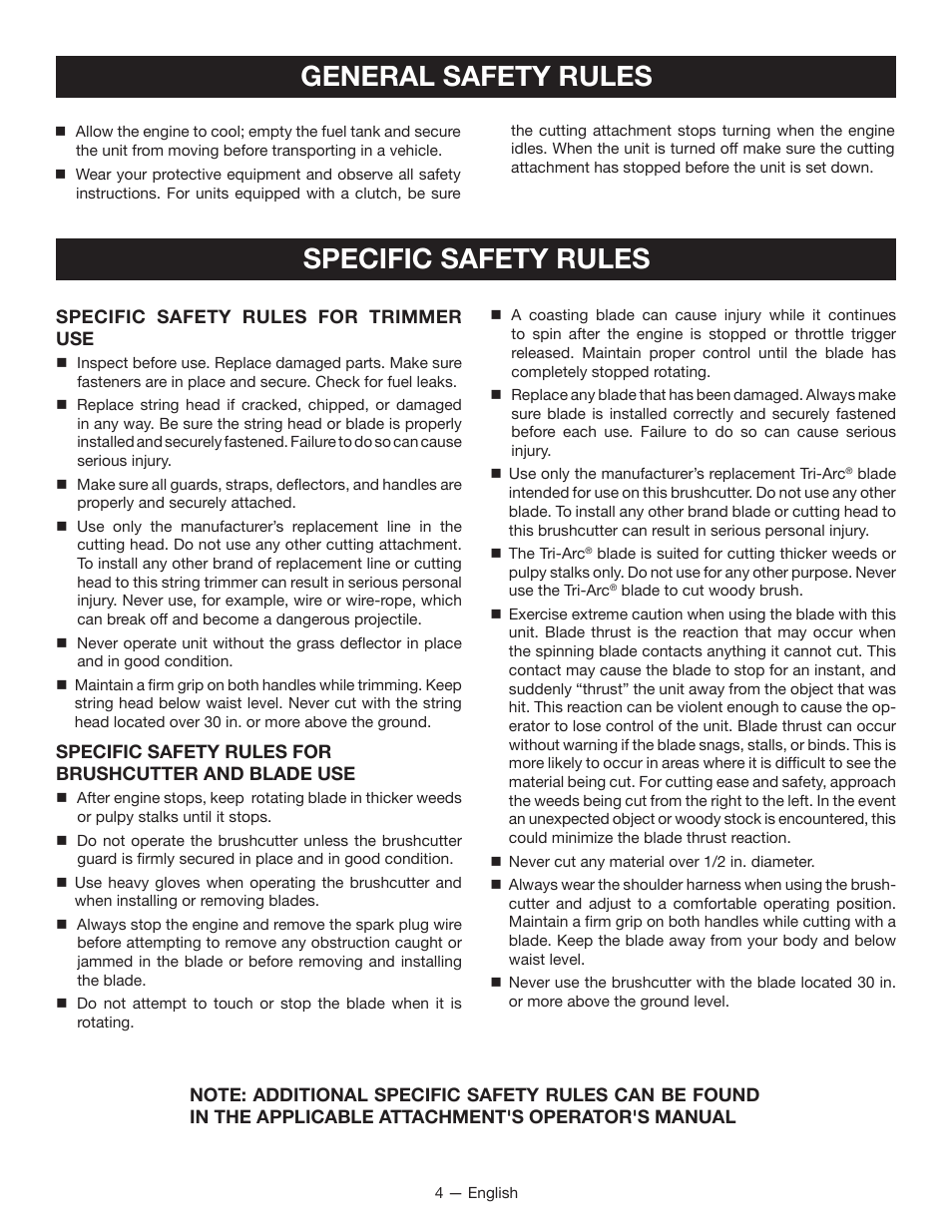 Specific safety rules, General safety rules | Ryobi RY26000 User Manual | Page 6 / 42