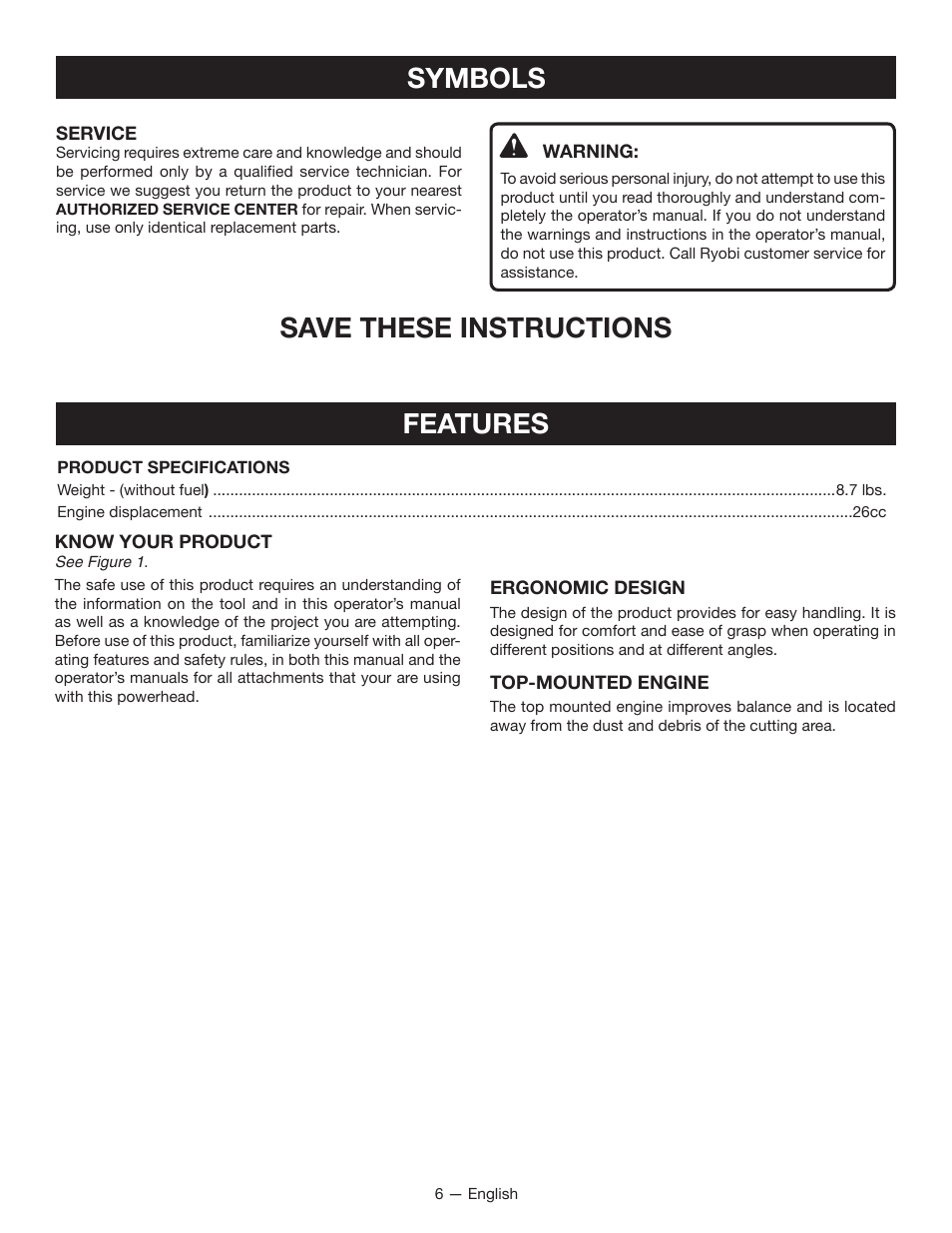 Features, Symbols, Save these instructions | Ryobi RY26000 User Manual | Page 8 / 42