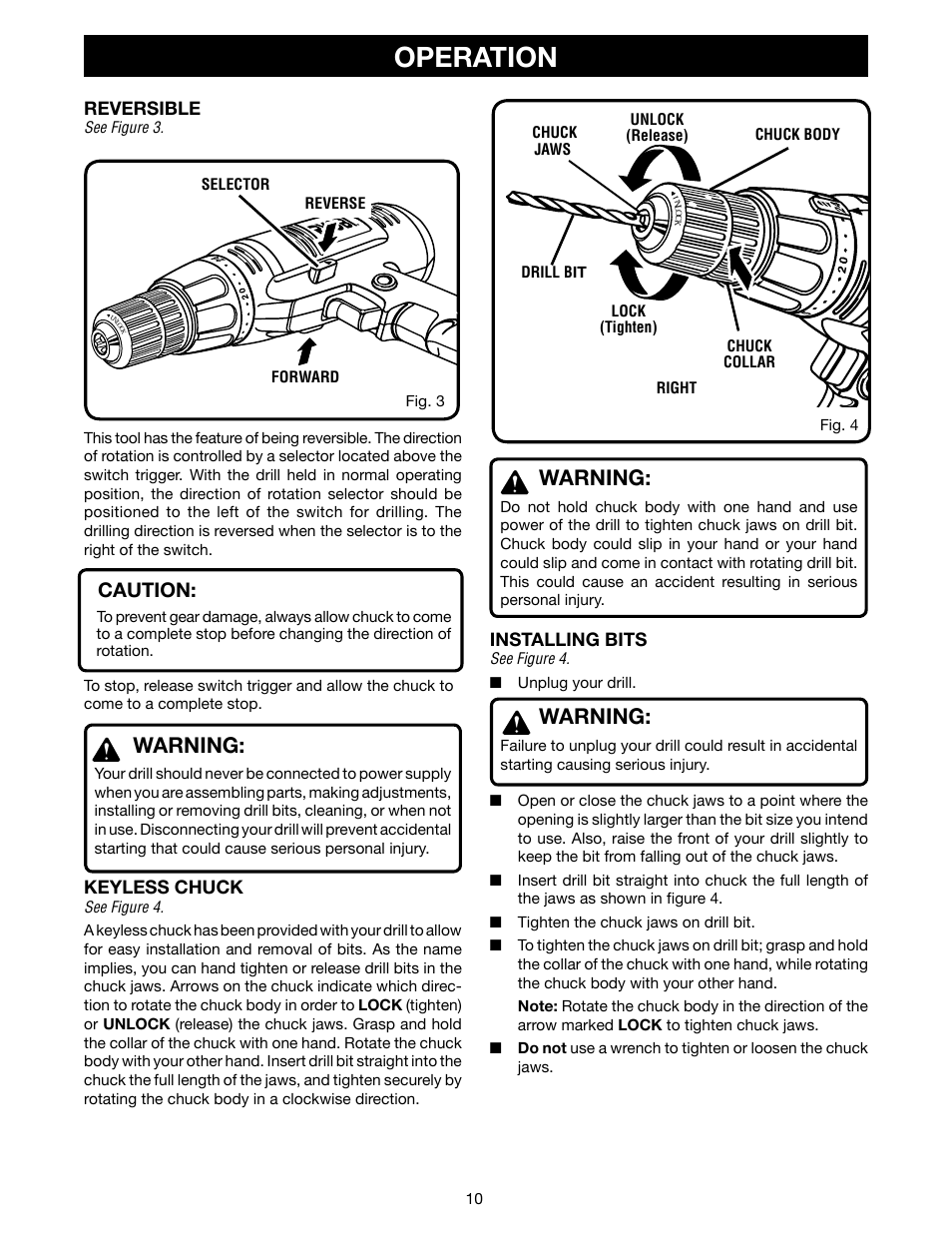 Operation, Warning, Caution | Ryobi D45CK User Manual | Page 10 / 16