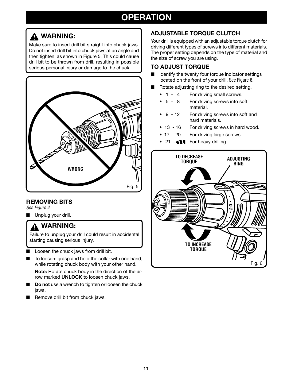 Operation, Warning | Ryobi D45CK User Manual | Page 11 / 16