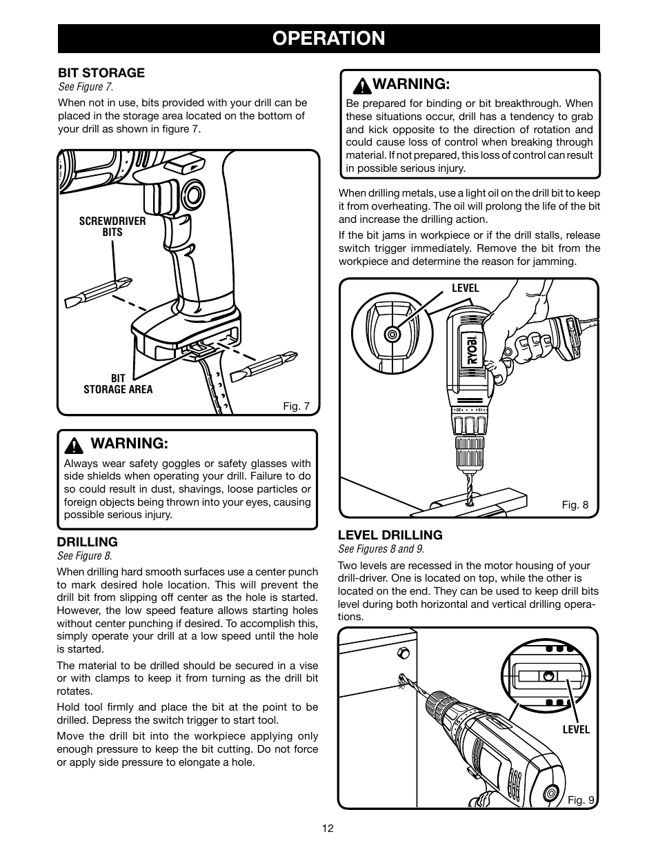 Operation, Warning | Ryobi D45CK User Manual | Page 12 / 16