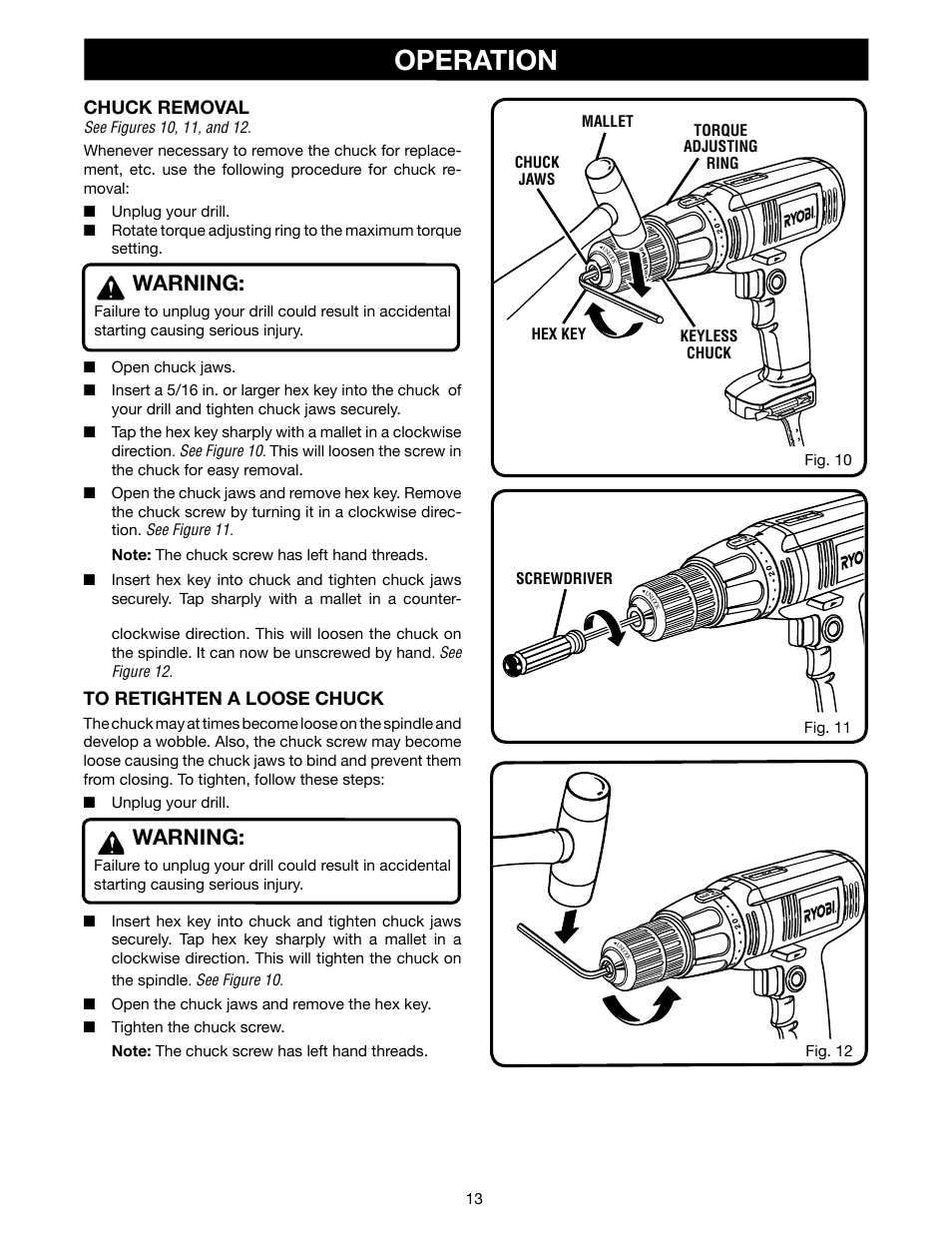 Operation, Warning, Chuck removal | Ryobi D45CK User Manual | Page 13 / 16