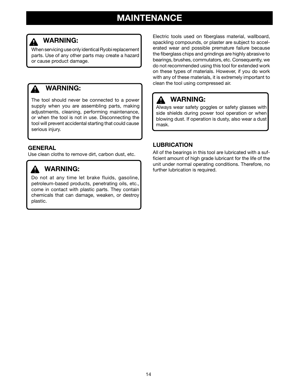 Maintenance | Ryobi D45CK User Manual | Page 14 / 16