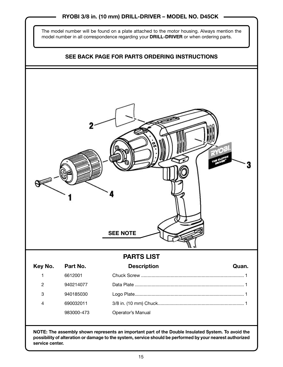 Parts list | Ryobi D45CK User Manual | Page 15 / 16