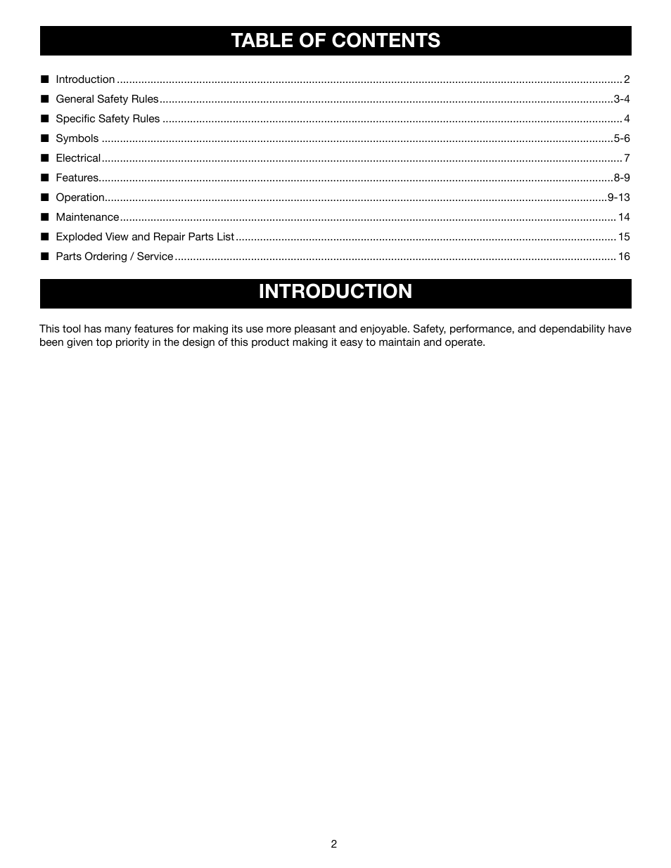 Table of contents introduction | Ryobi D45CK User Manual | Page 2 / 16