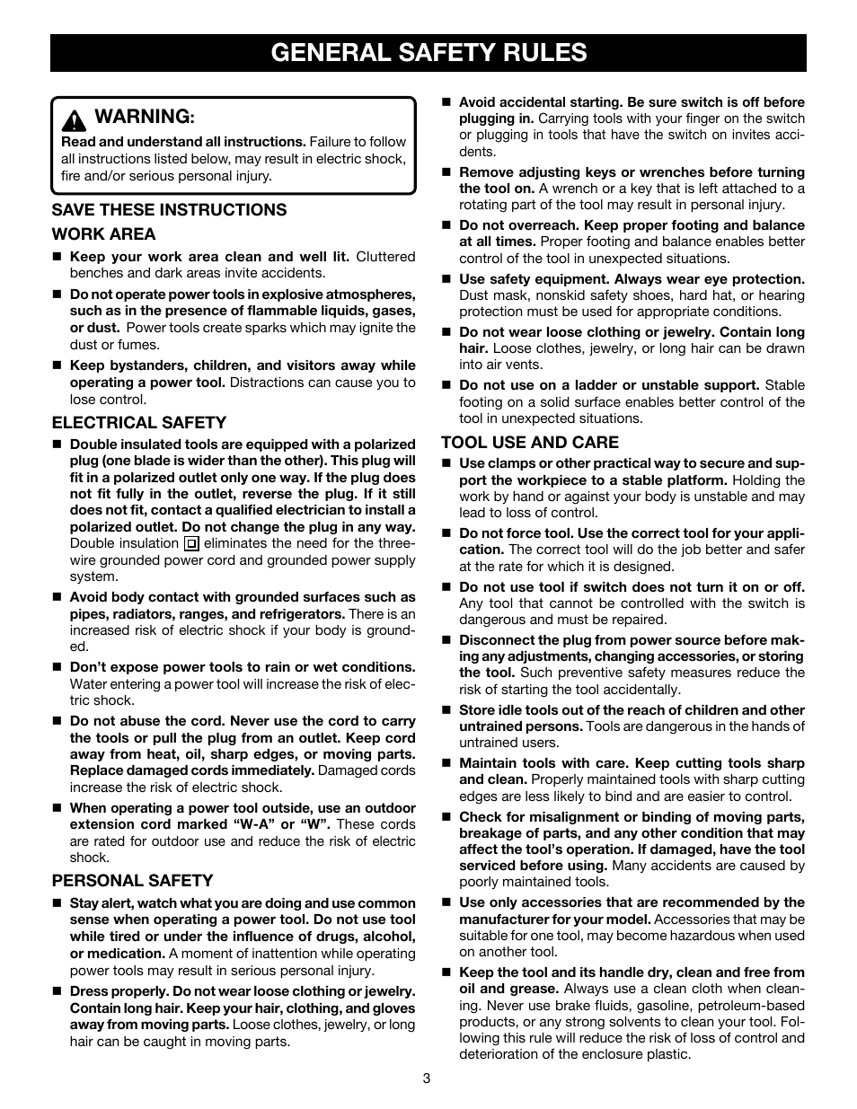 General safety rules, Warning | Ryobi D45CK User Manual | Page 3 / 16
