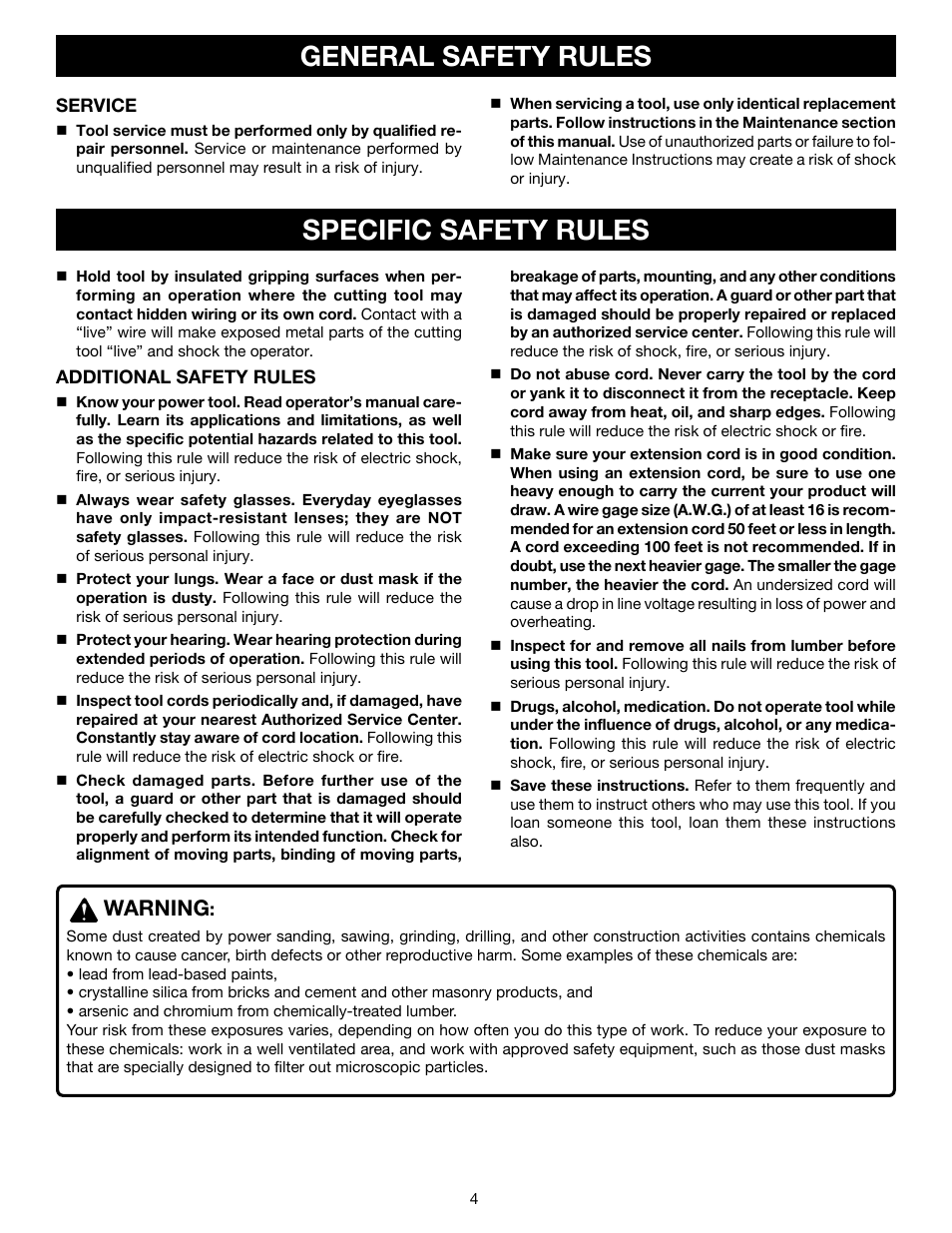 General safety rules specific safety rules, Warning | Ryobi D45CK User Manual | Page 4 / 16