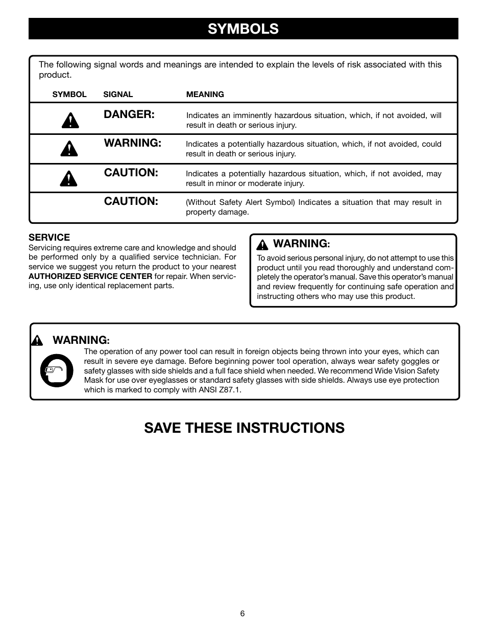 Symbols, Save these instructions | Ryobi D45CK User Manual | Page 6 / 16