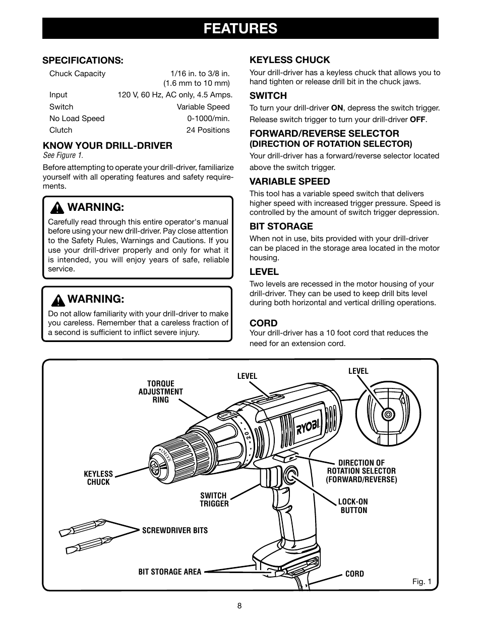 Features, Warning | Ryobi D45CK User Manual | Page 8 / 16