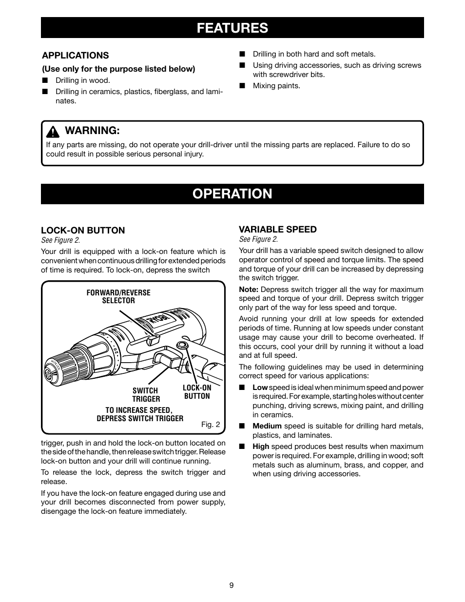 Features, Operation, Warning | Ryobi D45CK User Manual | Page 9 / 16