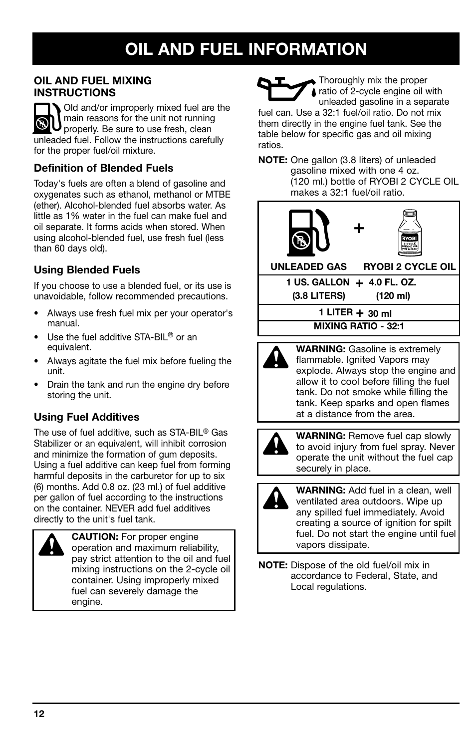 Oil and fuel information | Ryobi 767r User Manual | Page 12 / 28
