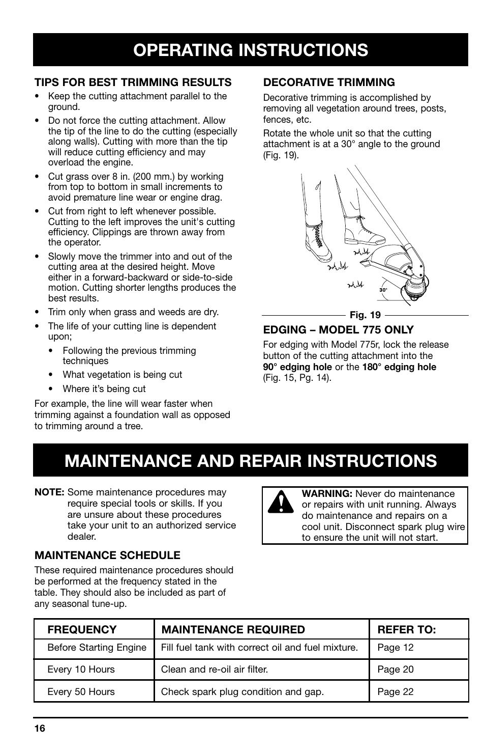 Operating instructions, Maintenance and repair instructions | Ryobi 767r User Manual | Page 16 / 28