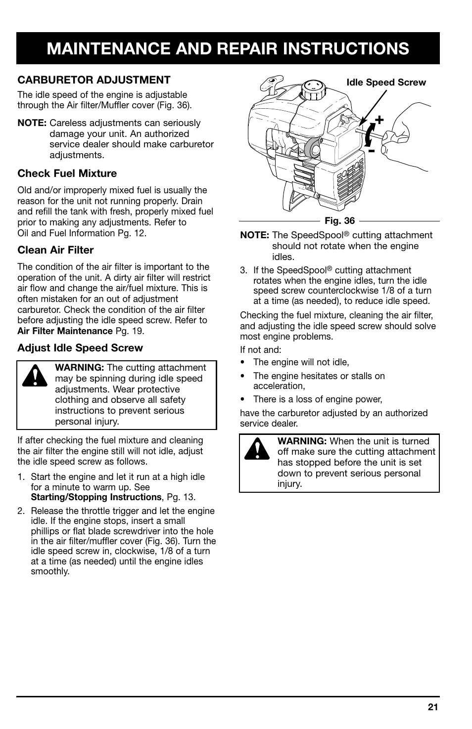 Maintenance and repair instructions | Ryobi 767r User Manual | Page 21 / 28