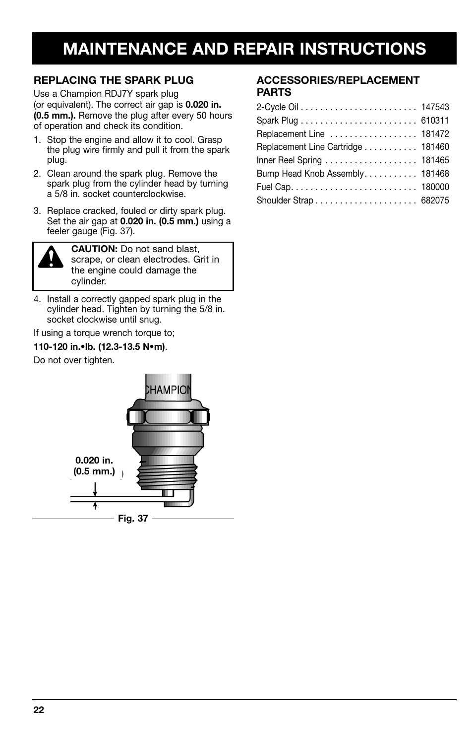 Maintenance and repair instructions | Ryobi 767r User Manual | Page 22 / 28
